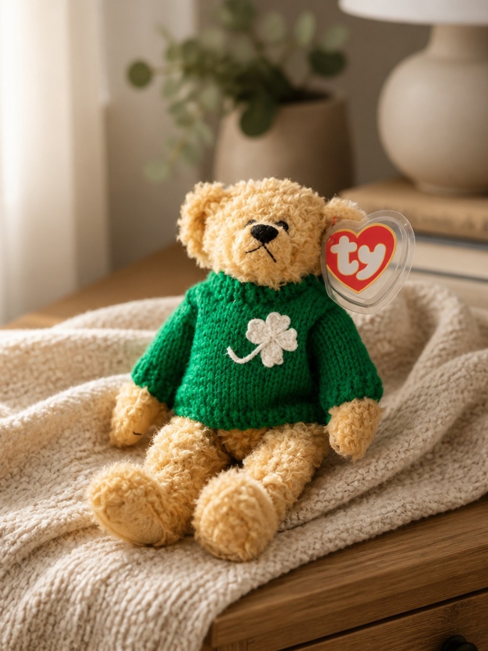 Ty Plush Bear with Green Clover Sweater